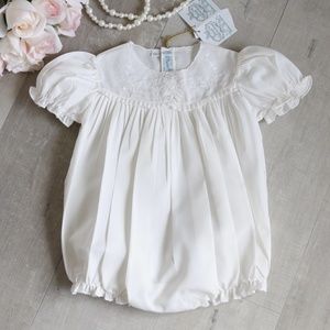 RARE FIND Ivory Romper Bubble Heirloom Feltman Brothers Lace Embroidery NWT